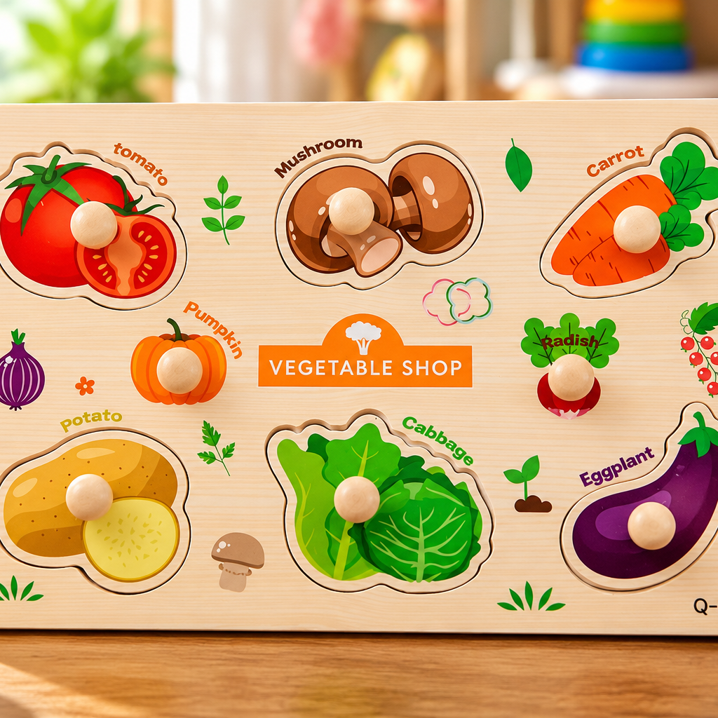 Wooden Vegetable Knob Puzzle for Kids – Vegetable Recognition & Early Learning Montessori Puzzle Toy