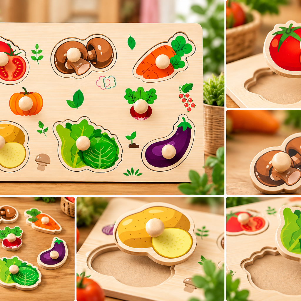 Wooden Vegetable Knob Puzzle for Kids – Vegetable Recognition & Early Learning Montessori Puzzle Toy