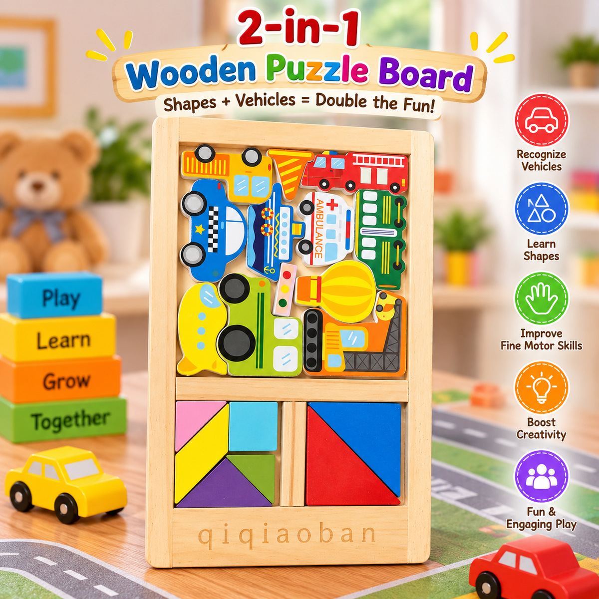 Shape soting, vehicle recognition,tangram problem solving and improving fine motor skills