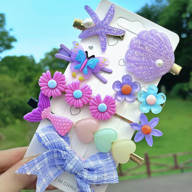 💜Cute Purple Theme Hair Clips Set for Girls | Bow, Flower, Butterfly Sea-Inspired Hair Accessories - 1 pack