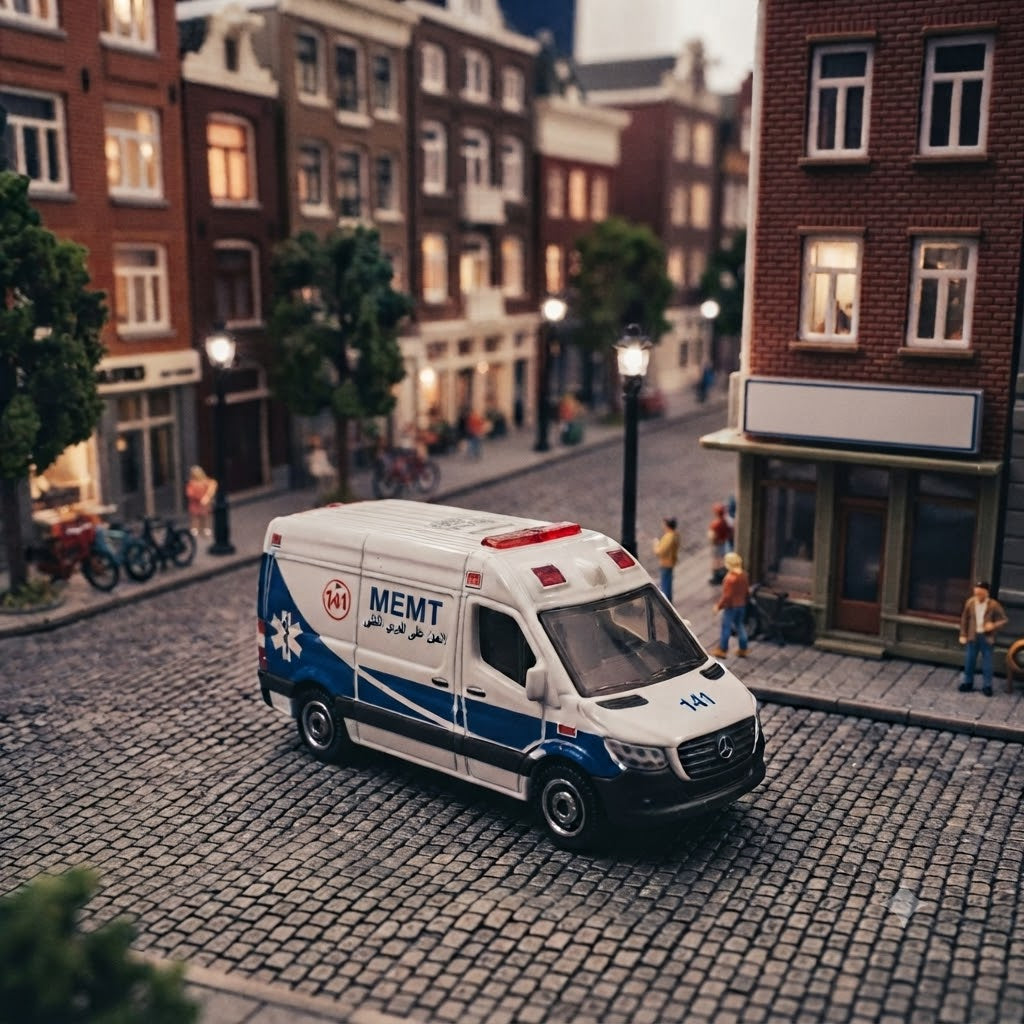 MEMT 2024 Mercedes-Benz Sprinter Ambulance Miniature Die-Cast Model in European Street Diorama