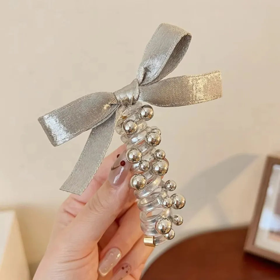 Elegant Bow Hair Clip with Pearl Beads | Stylish Metallic Finish Snap Clip 🎀✨