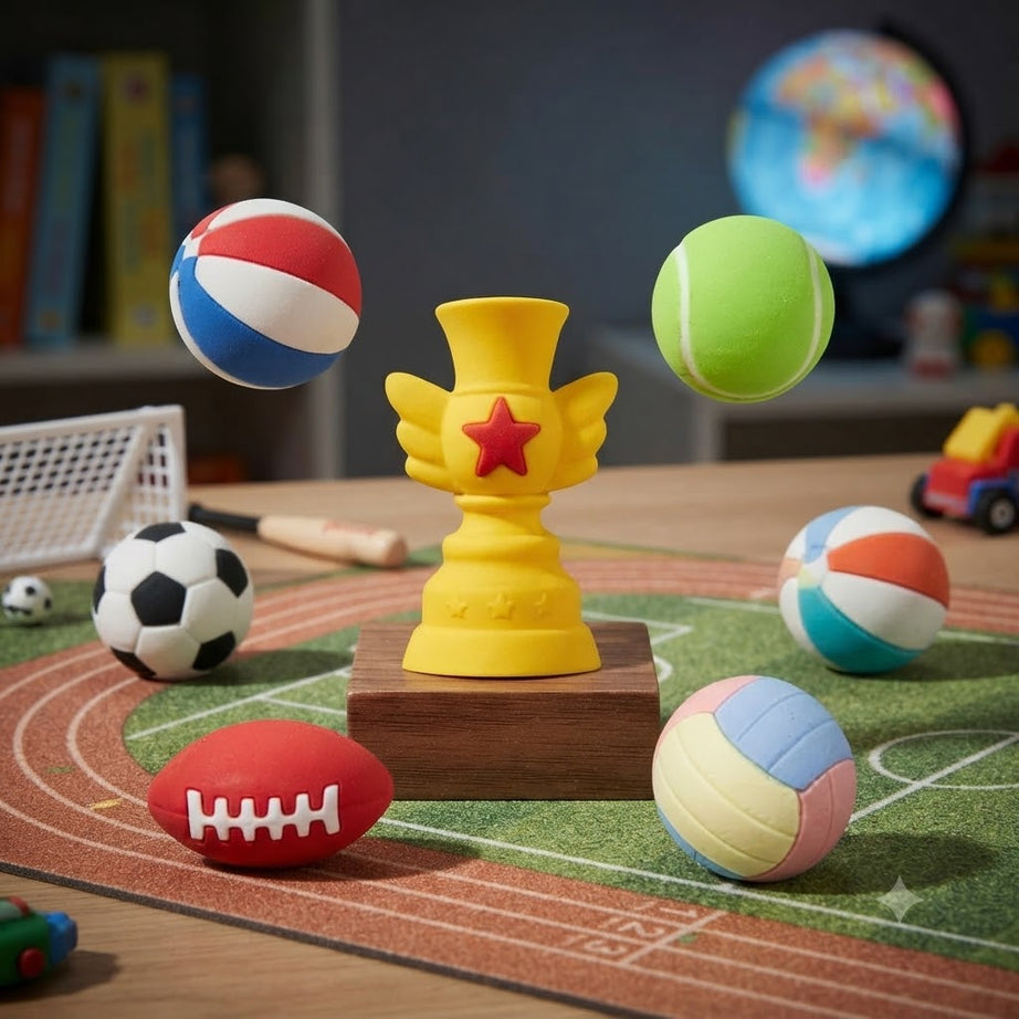 Sports Ball Eraser Set with Trophy Holder & Sports Mat Desk Organizer