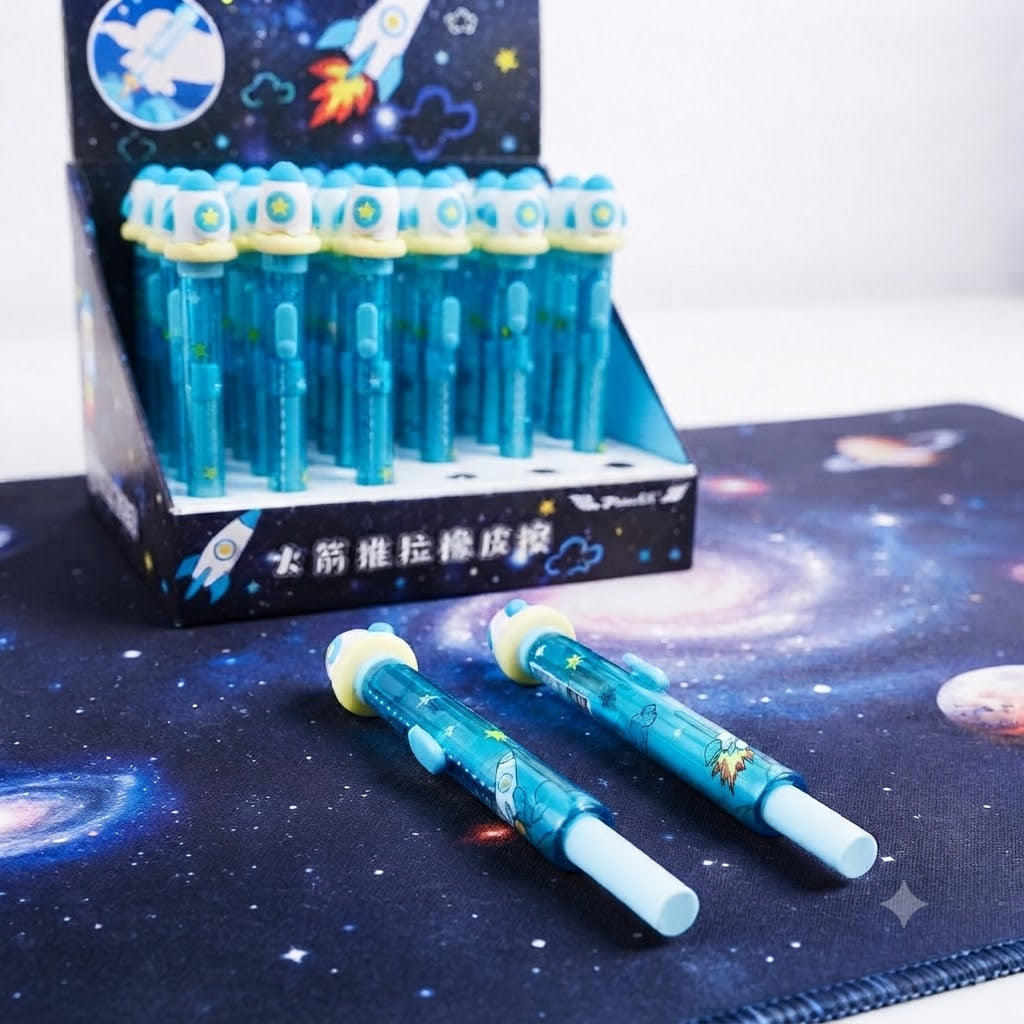 Space Rocket Push-Style Mechanical Eraser with Cute Cartoon Design & Refillable Core