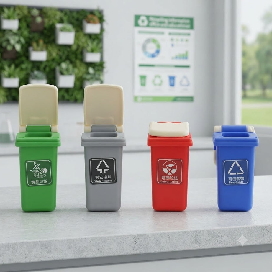 Eco-Friendly Miniature Recycling Bin Eraser Set – 4-Piece Creative Desk Stationery