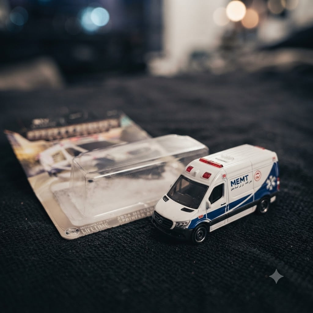 MEMT 2024 Mercedes-Benz Sprinter Ambulance Miniature Die-Cast Model in European Street Diorama