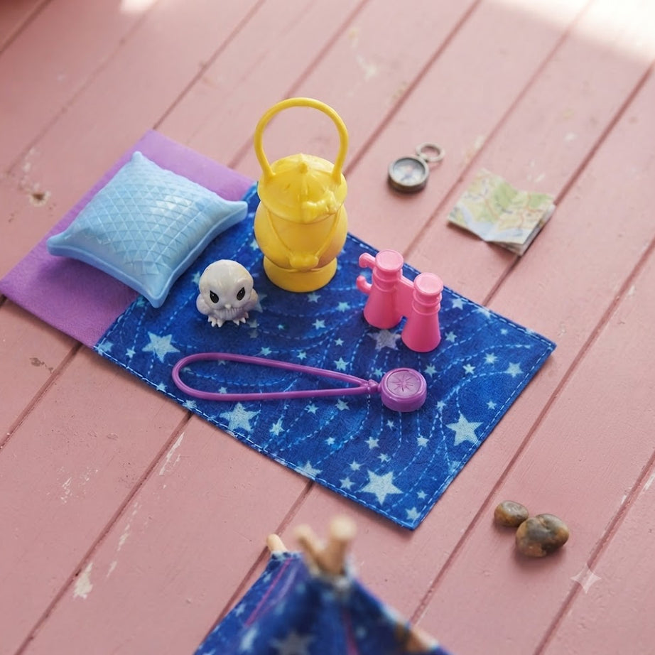 Barbie Skipper Babysitters Inc. Camping Accessories Set with Sleeping Bag, Owl Figure, Lantern, and Exploration Gear