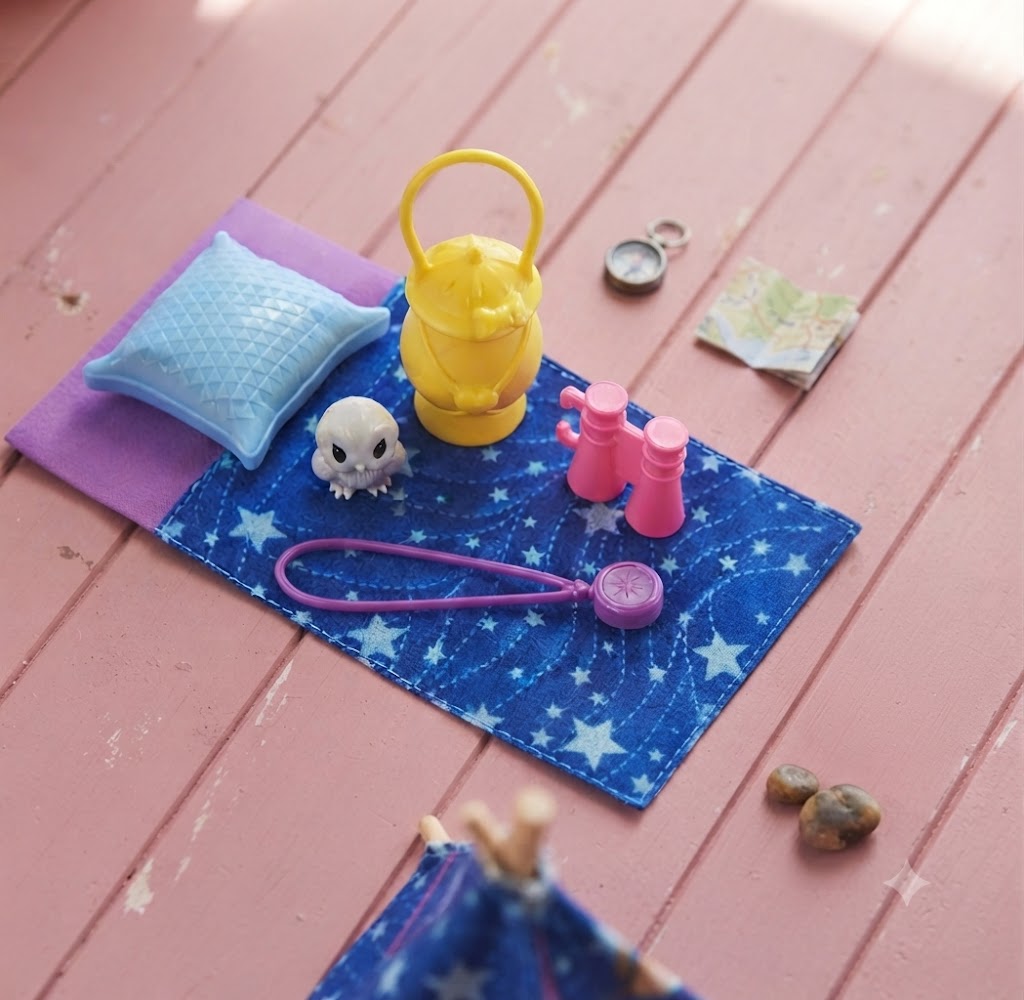 Barbie Skipper Babysitters Inc. Camping Accessories Set with Sleeping Bag, Owl Figure, Lantern, and Exploration Gear