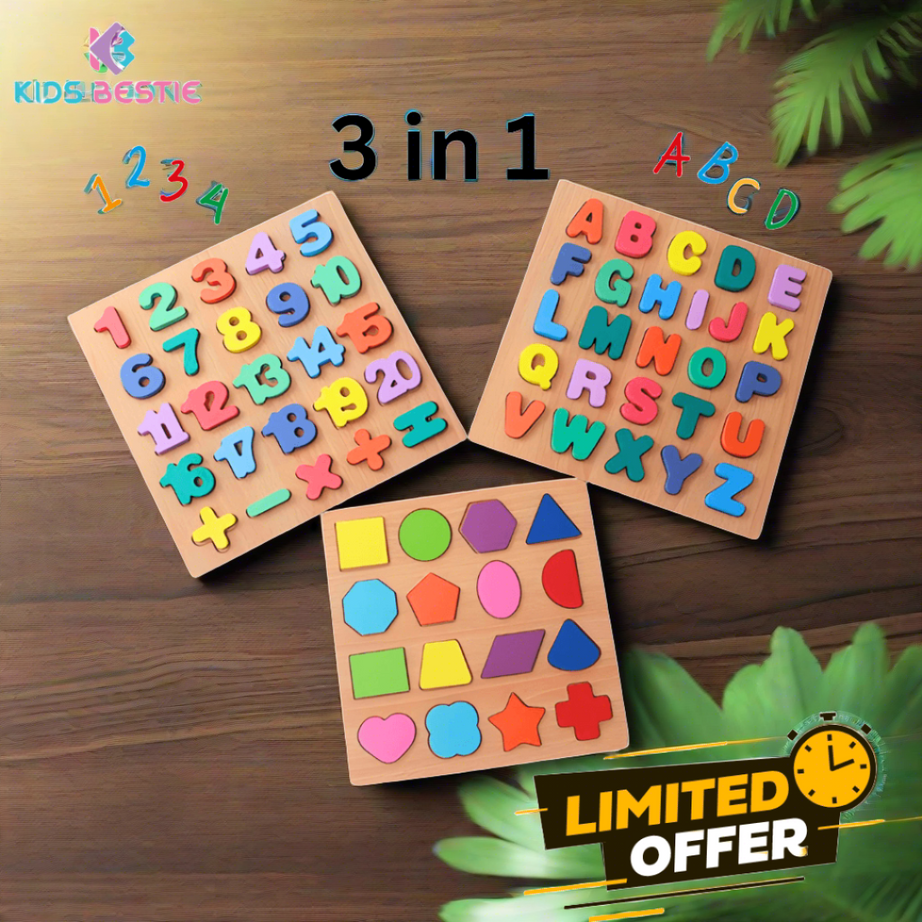 Combo of 3- Numbers, Alphabets and Shapes Puzzle Board - Kids Bestie