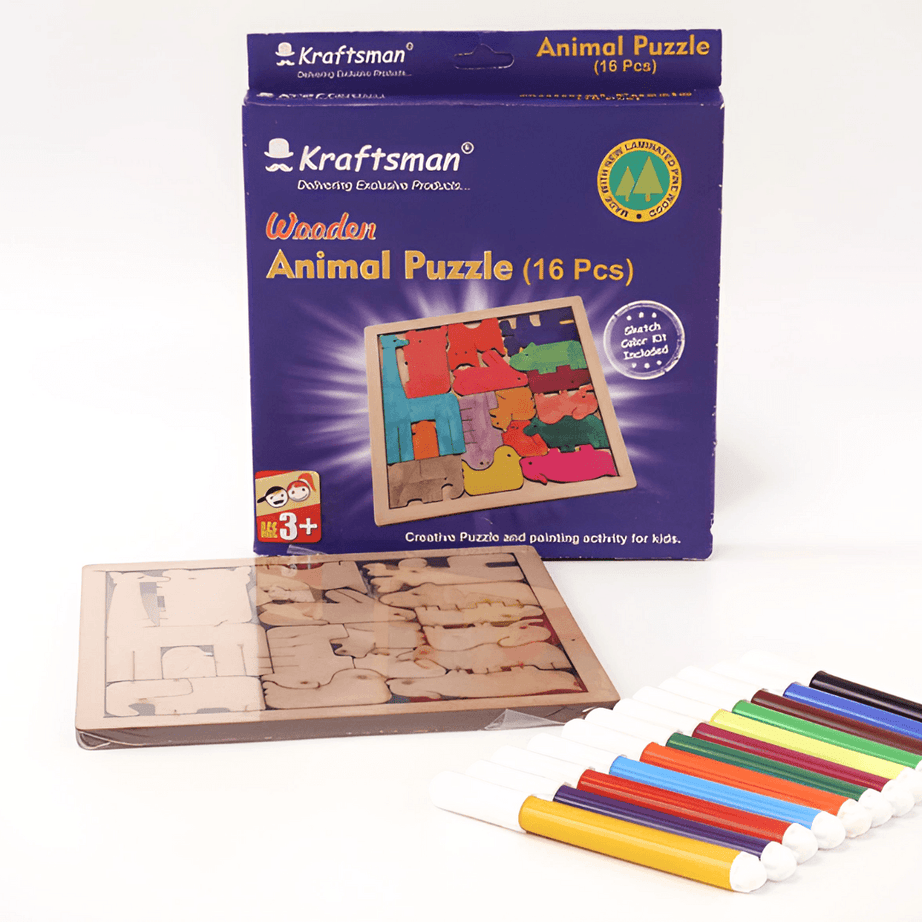 COMBO OF 4 Kraftsman Colouring Animal Puzzles/Layered Puzzle for Kids | Color Kit Included with Random Design - Kids Bestie