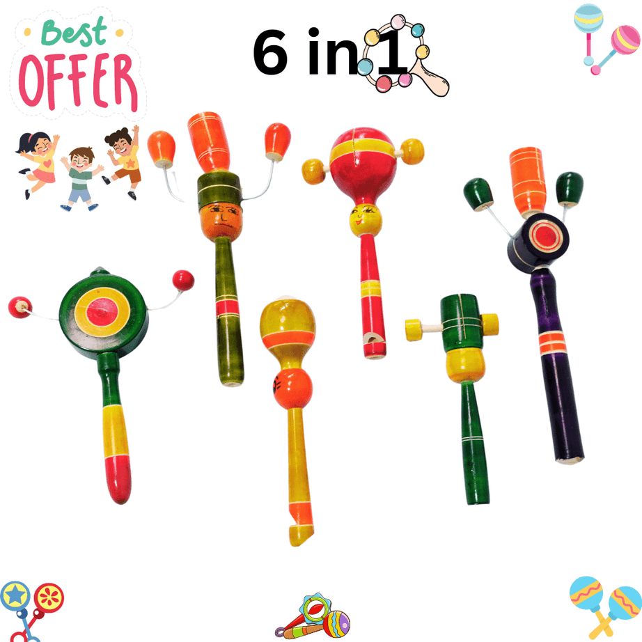 Combo of 6 Wooden Rattle Toys for Baby 0 to 6 Months(Random colour, design will be send) - Kids Bestie