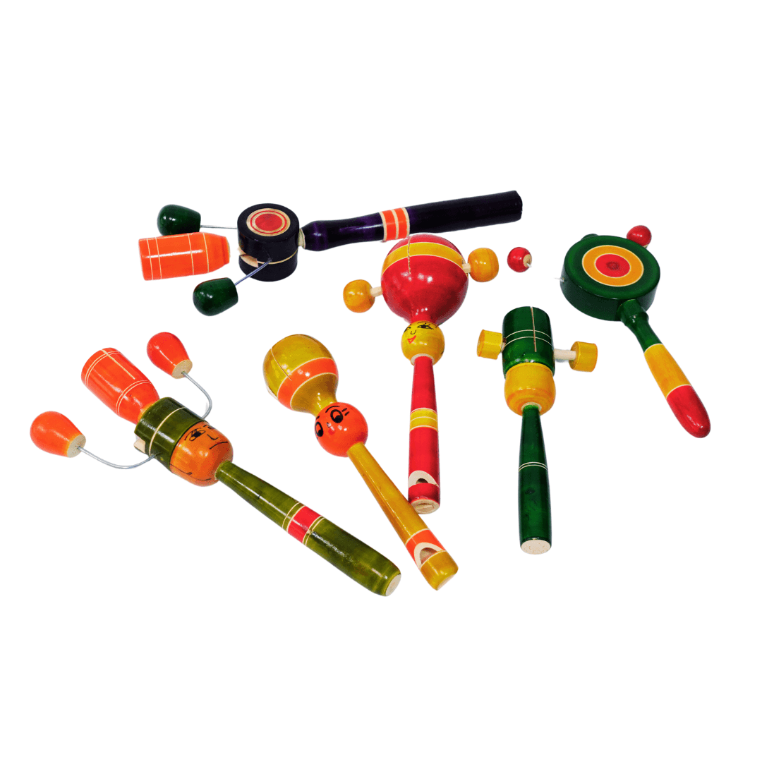 Combo of 6 Wooden Rattle Toys for Baby 0 to 6 Months(Random colour, design will be send) - Kids Bestie