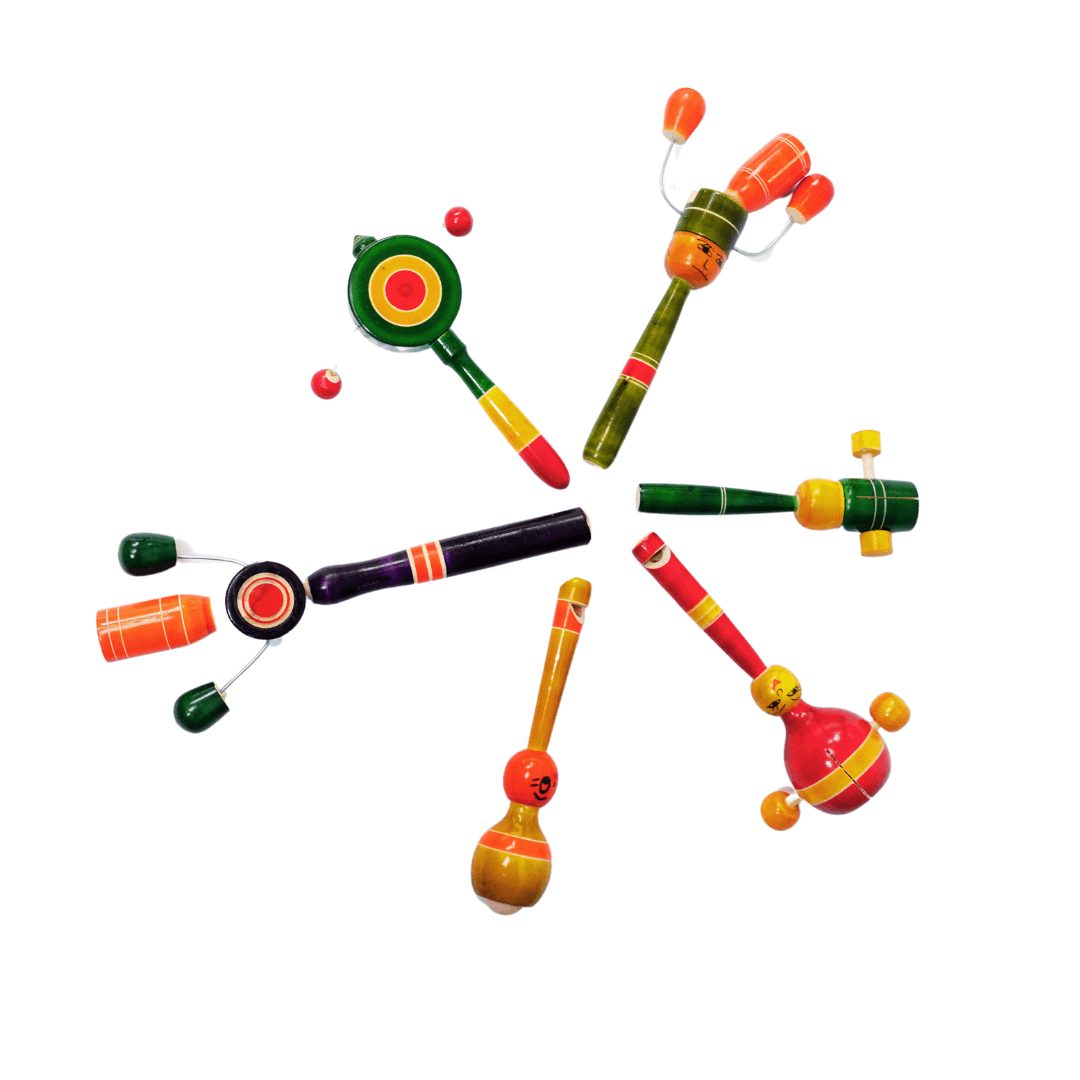Combo of 6 Wooden Rattle Toys for Baby 0 to 6 Months(Random colour, design will be send) - Kids Bestie