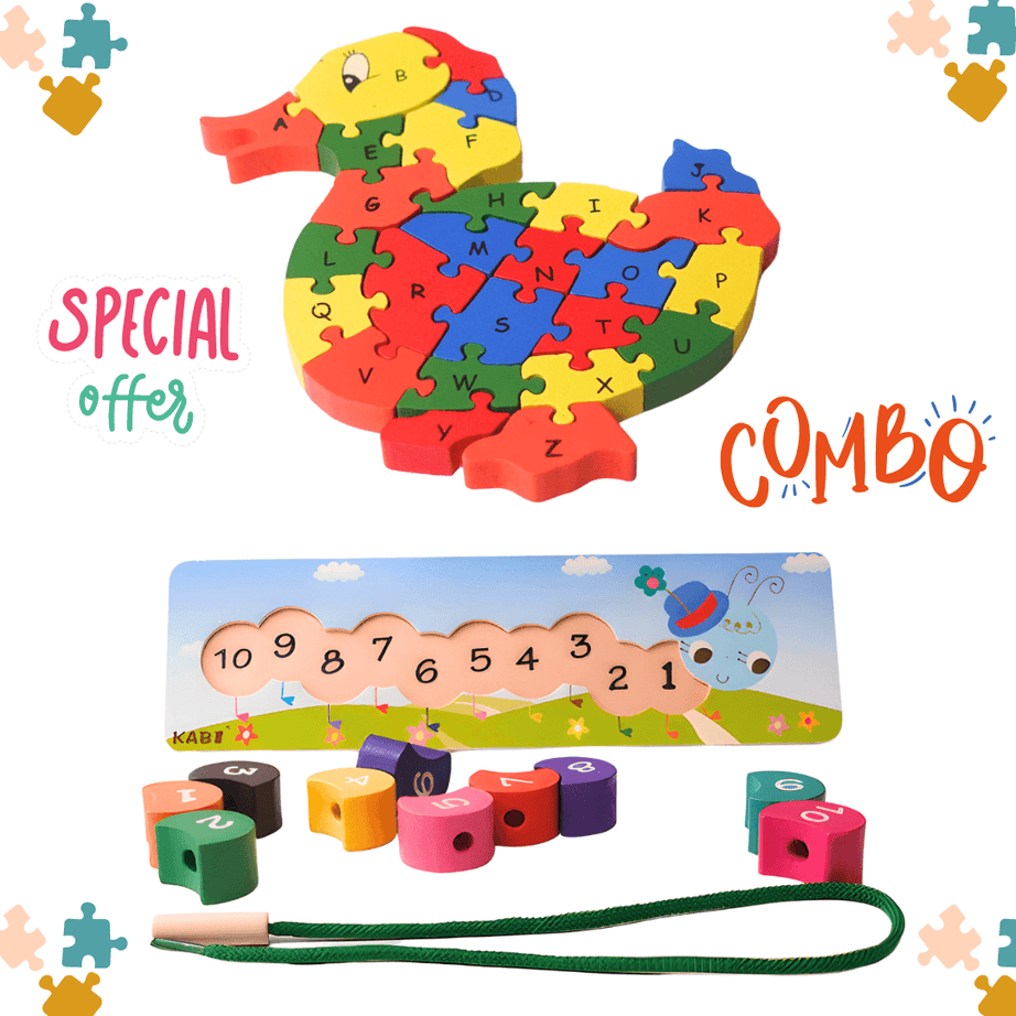 Combo of Animals/Vehicles Shaped Puzzle 3D- 1, caterpillar Number lacing-1 (Random design & colours will be send) - Kids Bestie