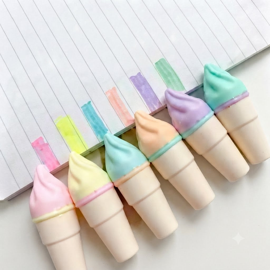 Sweet & Stylish: Pastel Ice Cream Cone Fluorescent Highlighters Set