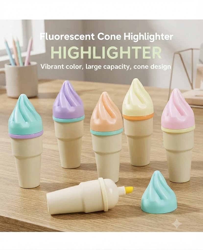 Sweet & Stylish: Pastel Ice Cream Cone Fluorescent Highlighters Set