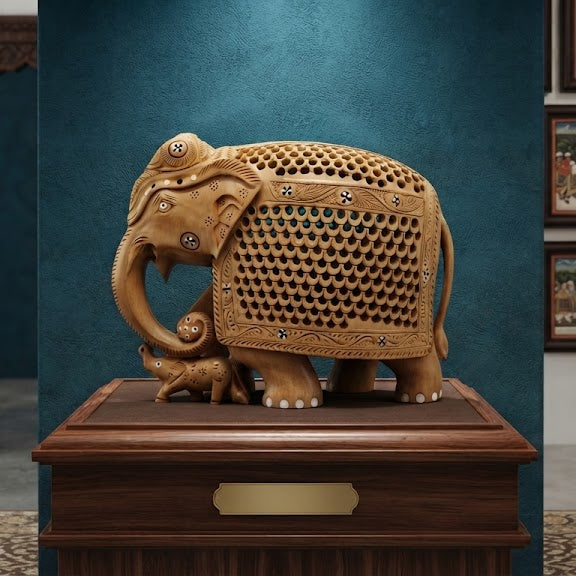 Hand-Carved Wooden Jaipuri Elephant Showpiece with Baby Elephant Carving and Intricate Jali Work
