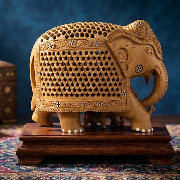 Hand-Carved Wooden Jaipuri Elephant Showpiece with Baby Elephant Carving and Intricate Jali Work