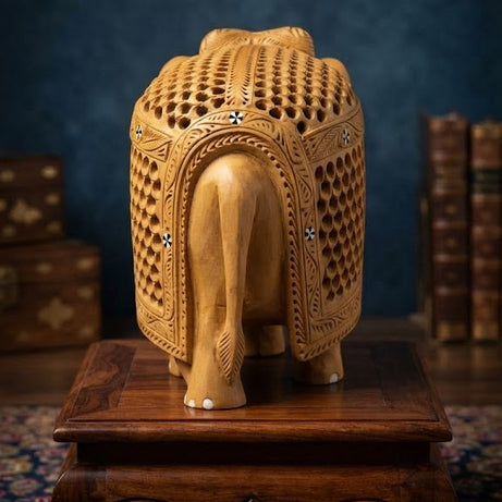 Hand-Carved Wooden Jaipuri Elephant Showpiece with Baby Elephant Carving and Intricate Jali Work