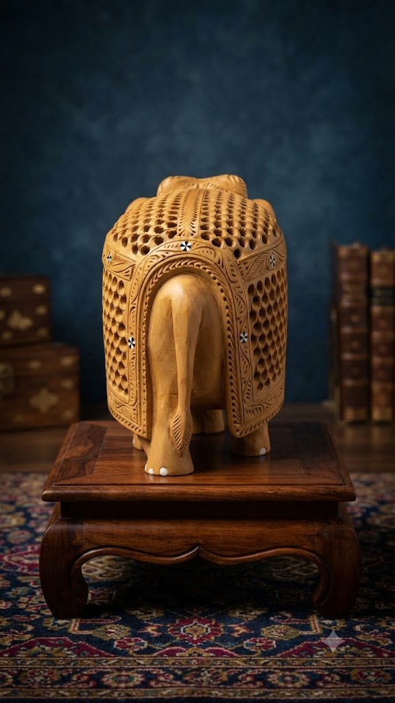 Hand-Carved Wooden Jaipuri Elephant Showpiece with Baby Elephant Carving and Intricate Jali Work