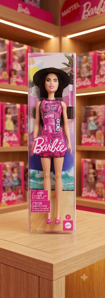 Barbie Fashionistas Doll with Logo-Print Pink Tank Dress, Straight Dark Burgundy Hair, and Shoes