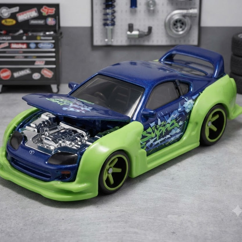 Majorette JDM Legends Toyota Supra Die-Cast Toy Car with Opening Hood & Tuning Parts (Blue & Neon Green)