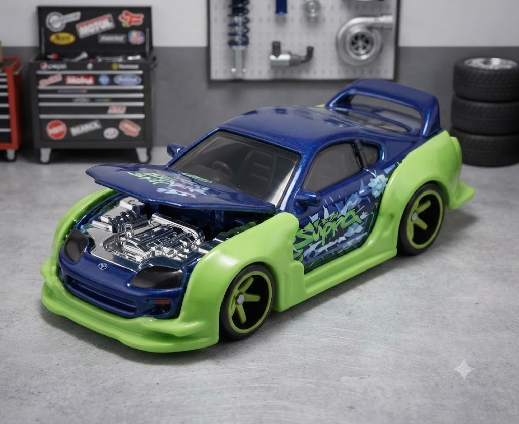 Majorette JDM Legends Toyota Supra Die-Cast Toy Car with Opening Hood & Tuning Parts (Blue & Neon Green)