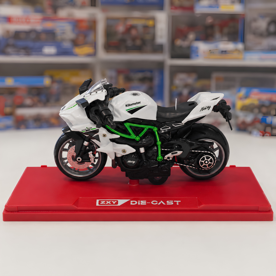 1:14 Die-Cast Pull-Back Motorcycle with Light & Sound – White