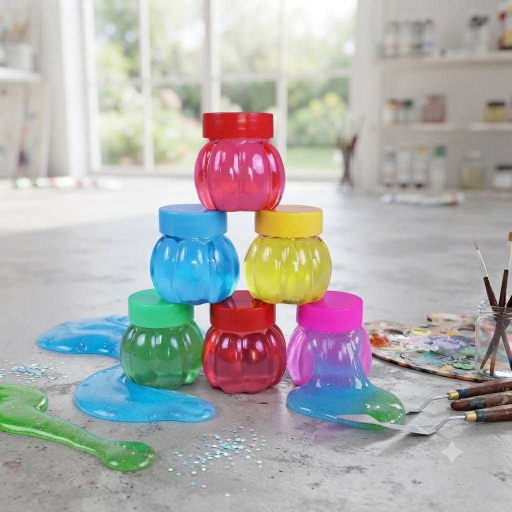Vibrant Glossy Water Slime Set in Pumpkin-Shaped Storage Jars – Colorful DIY Sensory Play & Stress Relief Toy Kit