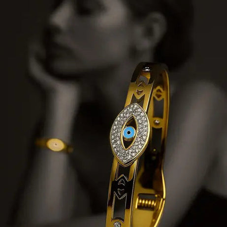 🧿 Gold-Plated Evil Eye Kada Bracelet | Crystal Studded Protective Charm Bangle ✨