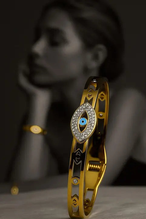 🧿 Gold-Plated Evil Eye Kada Bracelet | Crystal Studded Protective Charm Bangle ✨