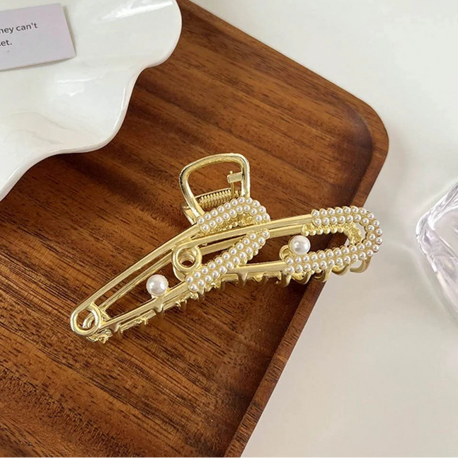 Elegant Pearl-Embedded Gold Metal Hair Claw Clip | Premium Minimal Accessory