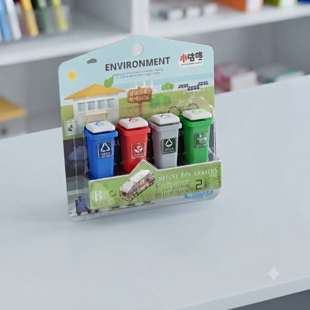 Eco-Friendly Miniature Recycling Bin Eraser Set – 4-Piece Creative Desk Stationery
