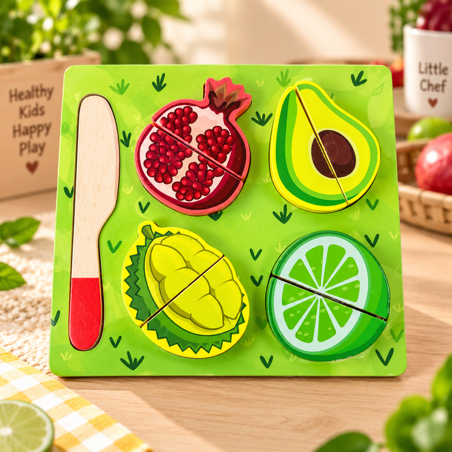 Wooden Fruit Cutting Puzzle Set with Toy Knife – Montessori Pretend Play, Matching & Fine Motor Learning Toy for Kids