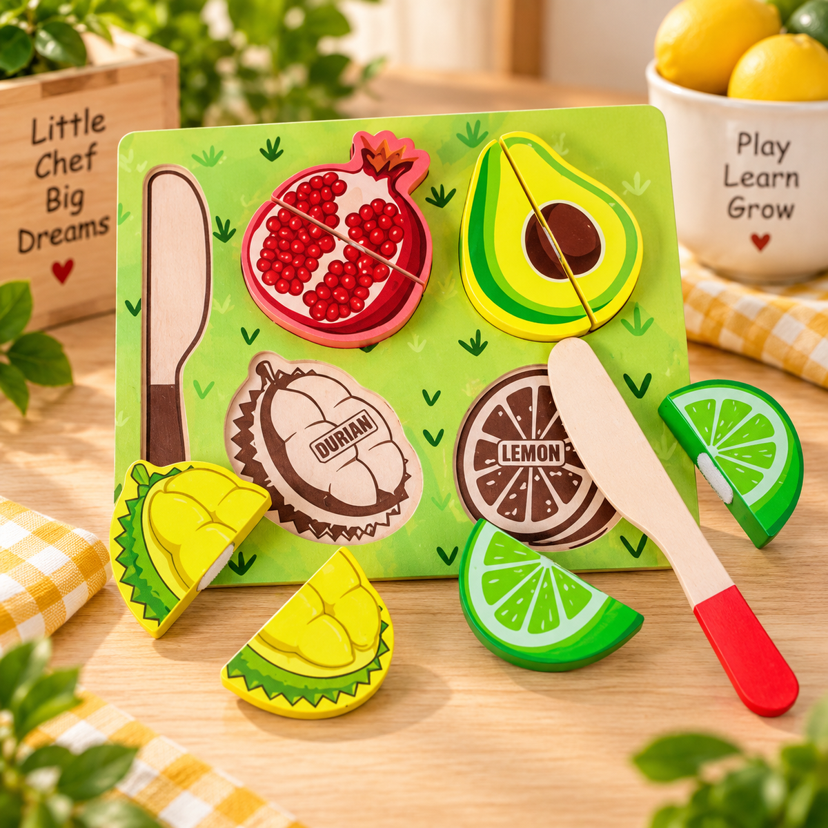 Wooden Fruit Cutting Puzzle Set with Toy Knife – Montessori Pretend Play, Matching & Fine Motor Learning Toy for Kids