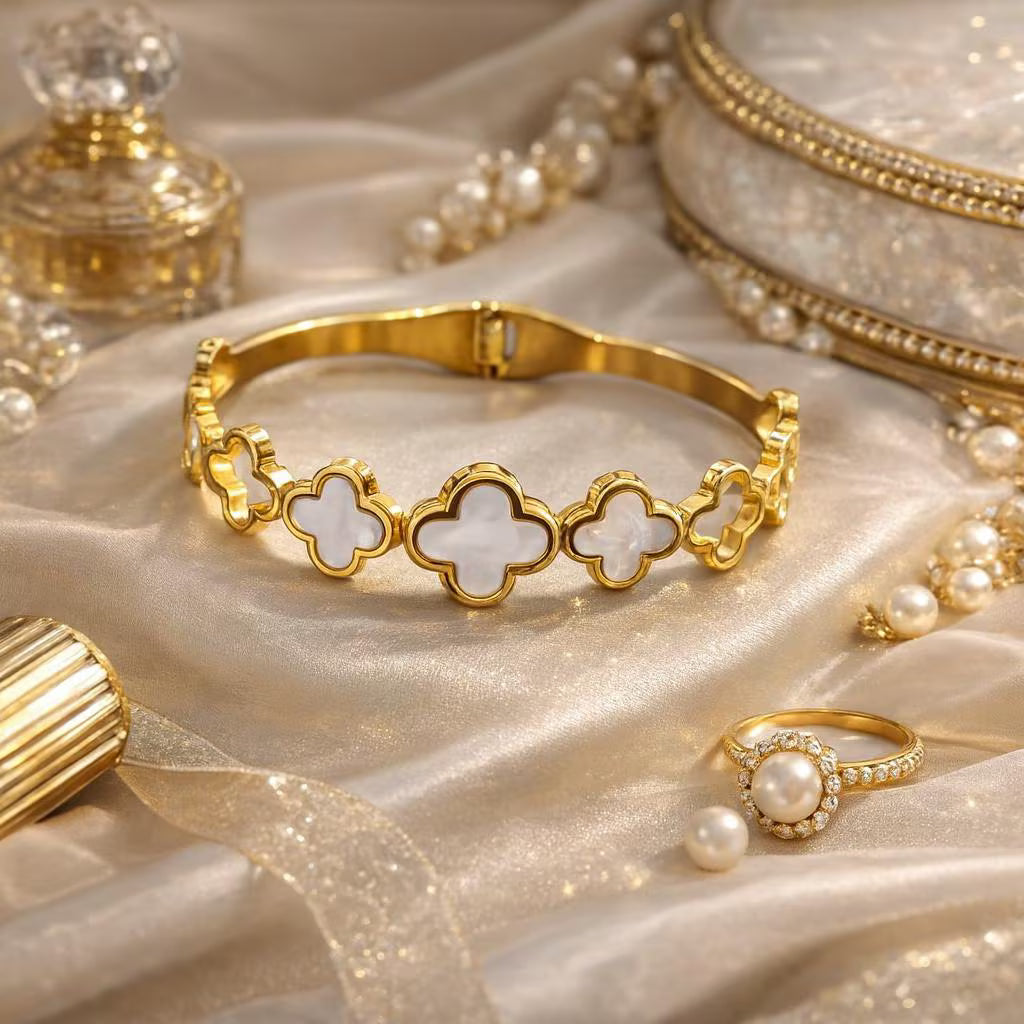 ✨ Gold Colour Clover Bracelet | Elegant Mother-of-Pearl Style Floral Kada ✨