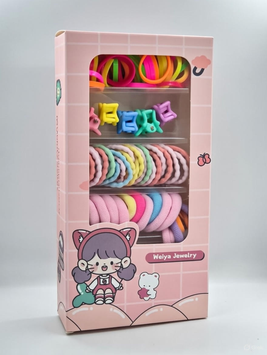 🎀 Cute Cartoon Hair Accessories Storage Box for Girls | Rubber Bands, Mini Clips & Hair Rings (Random Assortment)