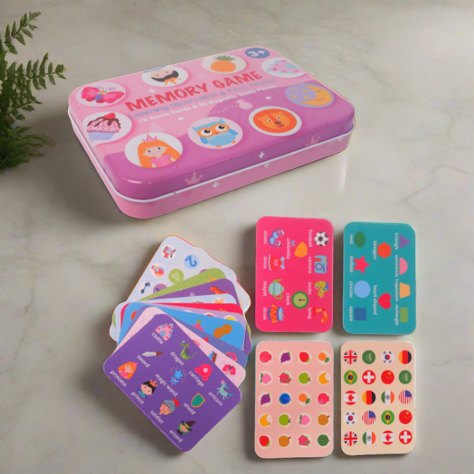 Memory Game- 15 Game cards & 20 Magnetic Game Pieces- Metal Box(Random design will be send) - Kids Bestie