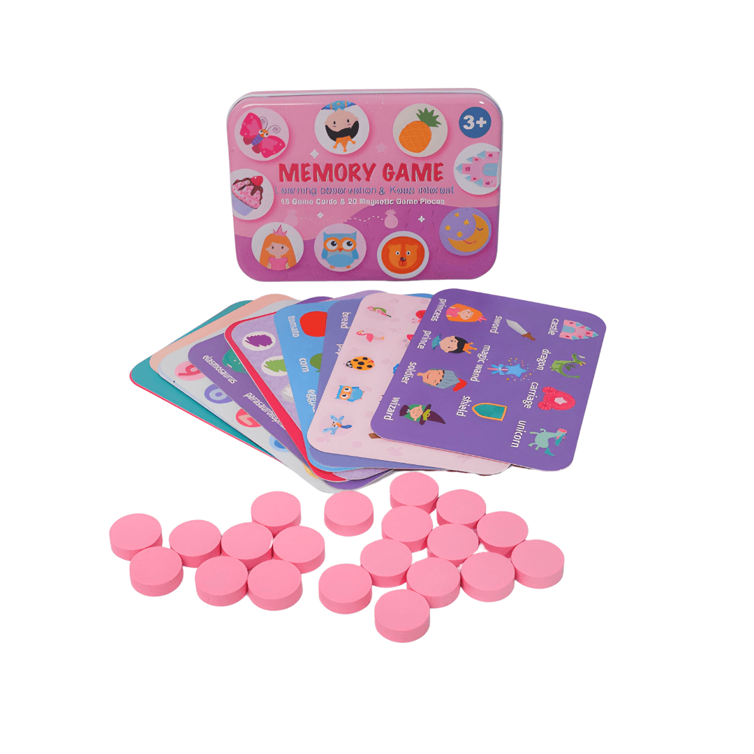Memory Game- 15 Game cards & 20 Magnetic Game Pieces- Metal Box(Random design will be send) - Kids Bestie