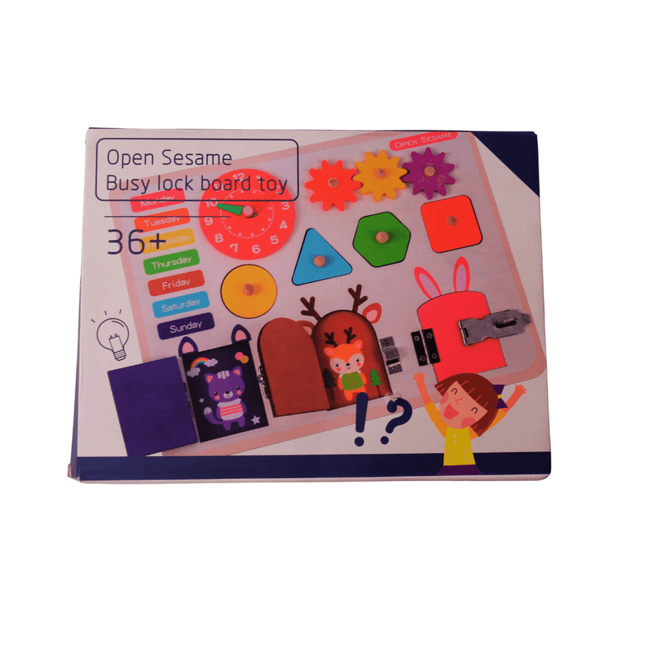 Open Sesame Busy Lock Board with days of the week, clock, shapes Toy for kids Age 3+ - Kids Bestie