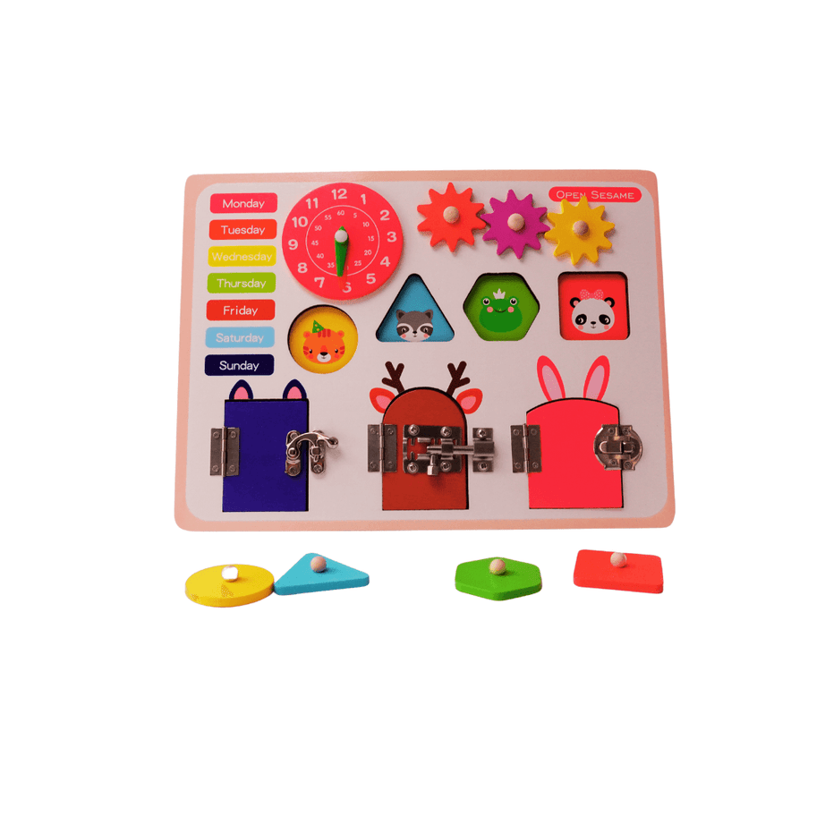 Open Sesame Busy Lock Board with days of the week, clock, shapes Toy for kids Age 3+ - Kids Bestie