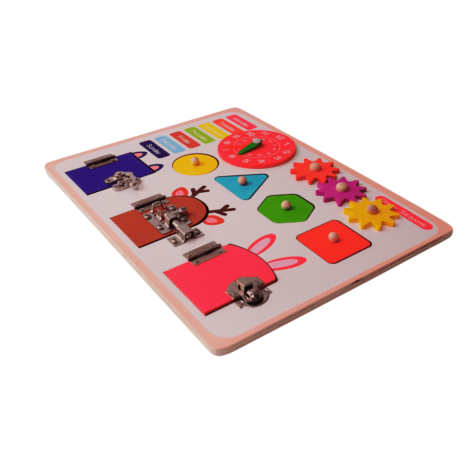 Open Sesame Busy Lock Board with days of the week, clock, shapes Toy for kids Age 3+ - Kids Bestie