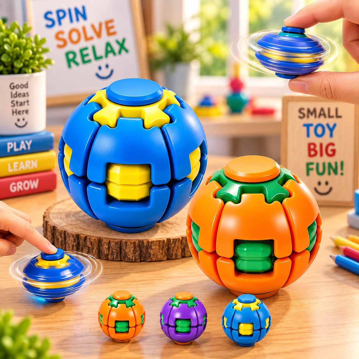 Press & Spin Transforming Fidget Ball – Sensory Spinner Toy for Kids & Adults