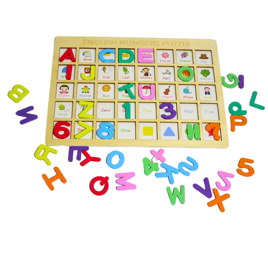 Wooden board designed to learn to numbers and letters