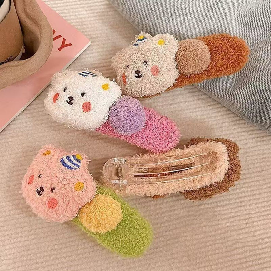 Cute Plush Cartoon Hair Clips for Kids | Soft Snap Clips with Adorable Character Design (Random Colour) 🧸🎀