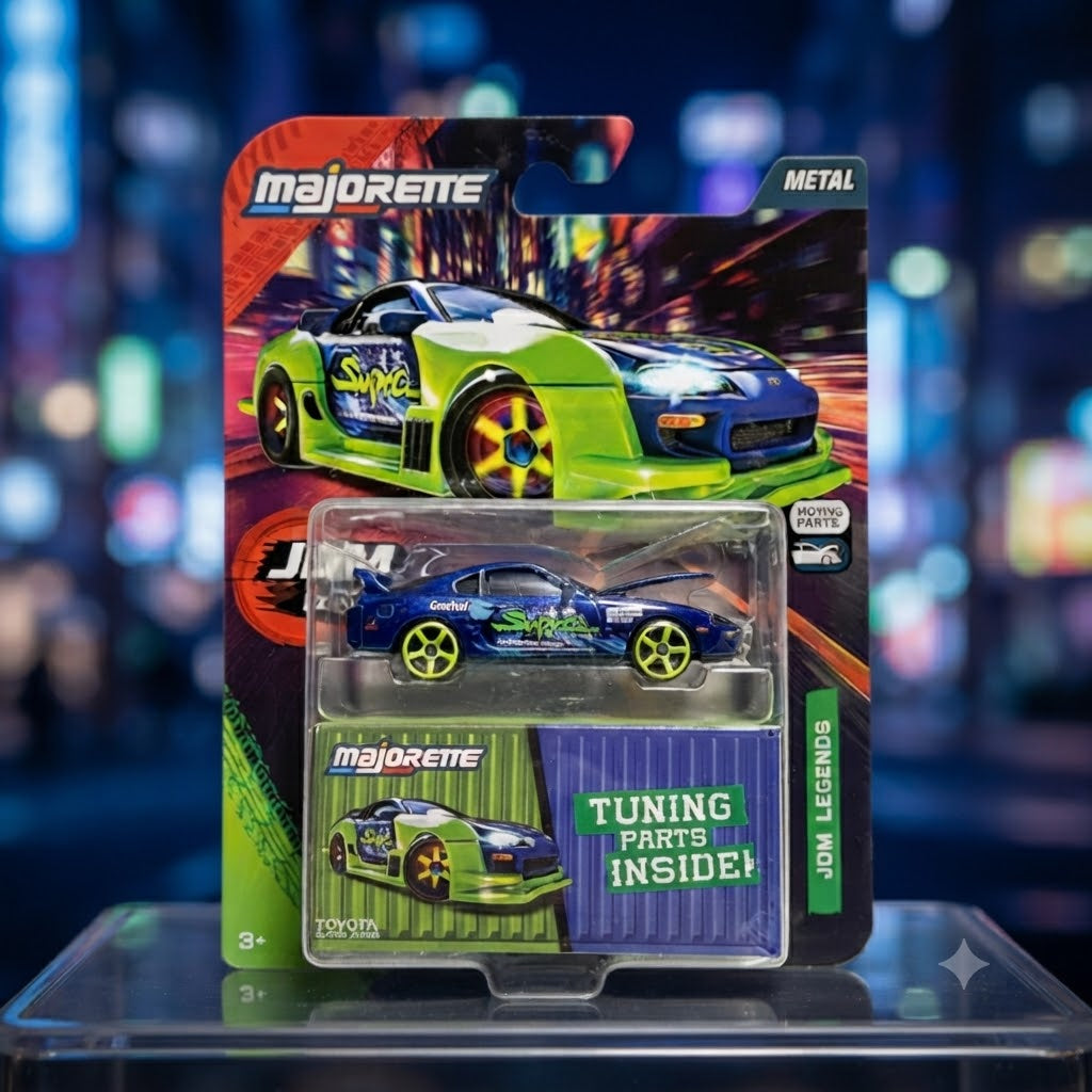 Majorette JDM Legends Toyota Supra Die-Cast Toy Car with Opening Hood & Tuning Parts (Blue & Neon Green)