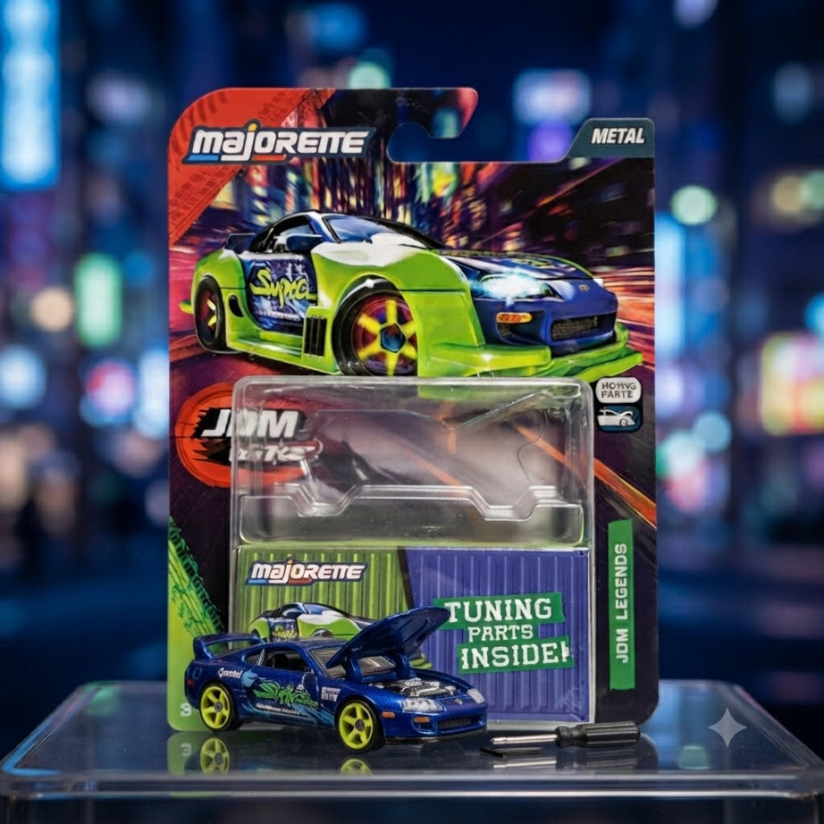 Majorette JDM Legends Toyota Supra Die-Cast Toy Car with Opening Hood & Tuning Parts (Blue & Neon Green)