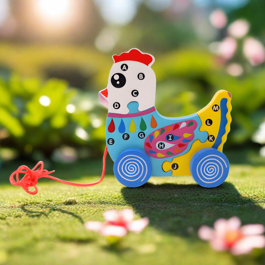 Walk-A-Long Wooden Hen/dino/cat/duck Pull Along Toy for 12 Months -1 Piece (Random design will be send) - Kids Bestie