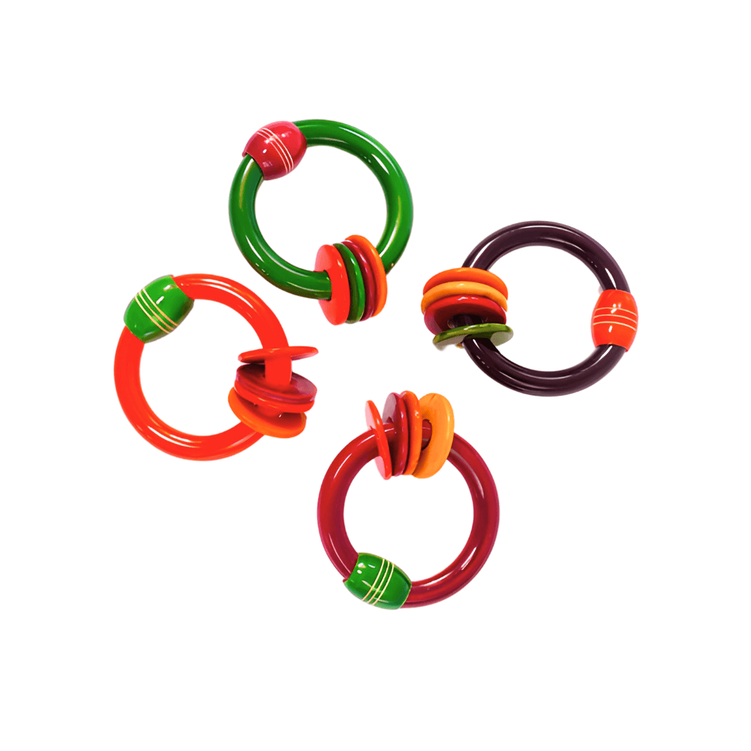 Wooden Bangle Rattle with 4 Rings-Multicolour for Kids Age 6-12 Months(Set of 4) - Kids Bestie