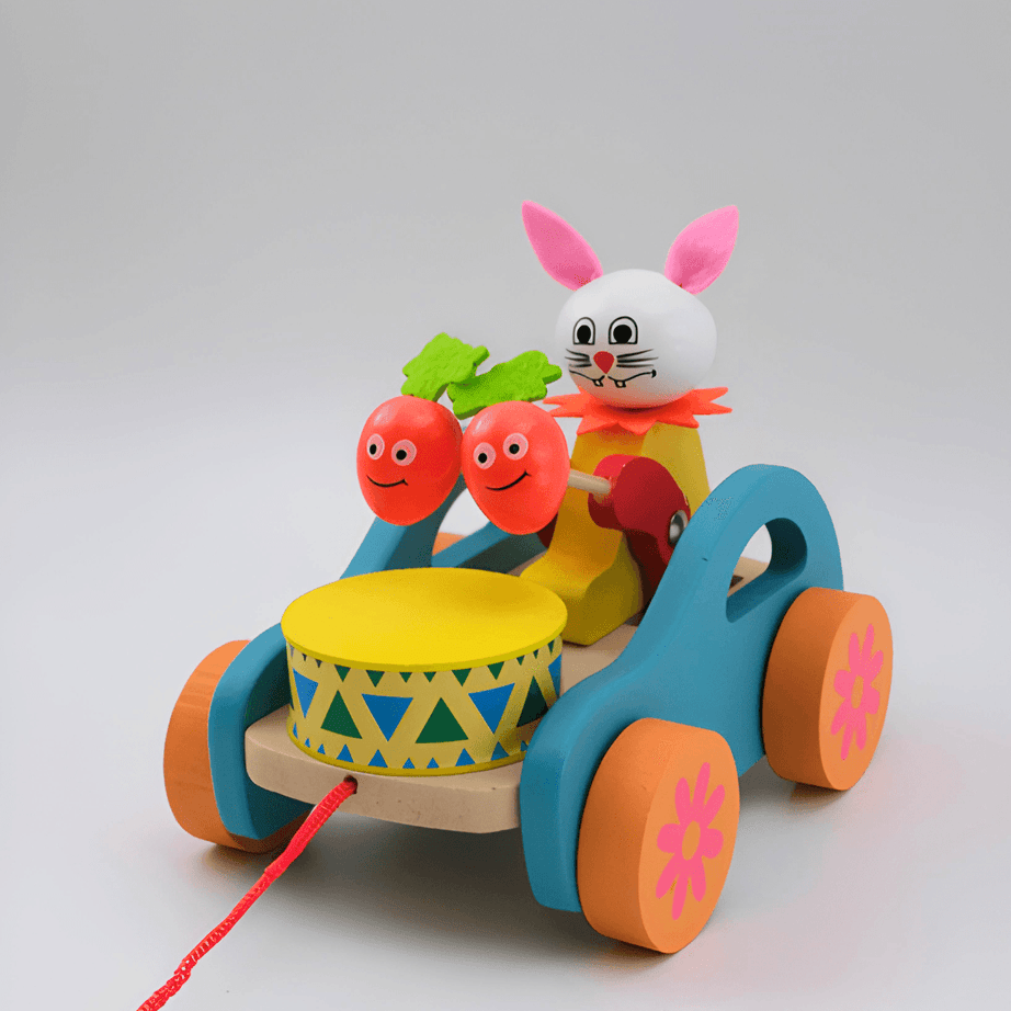 Wooden Drum Musical Pull Along Toy, (Pack of 1)- Rabbit - Kids Bestie